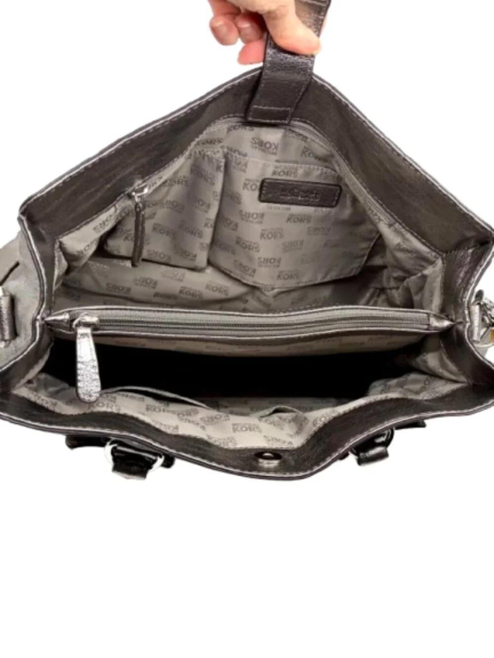 MICHAEL KORS~Hamilton~LARGE METALLIC PEBBLED SILVER LEATHER SATCHEL TOTE BAG